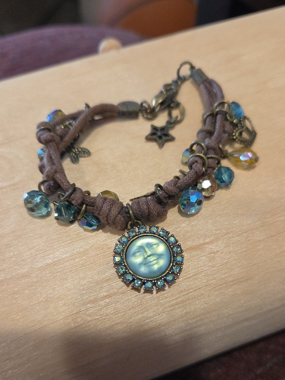 Kirks Folly Moon Face Charm Bracelet in Teal and Brown